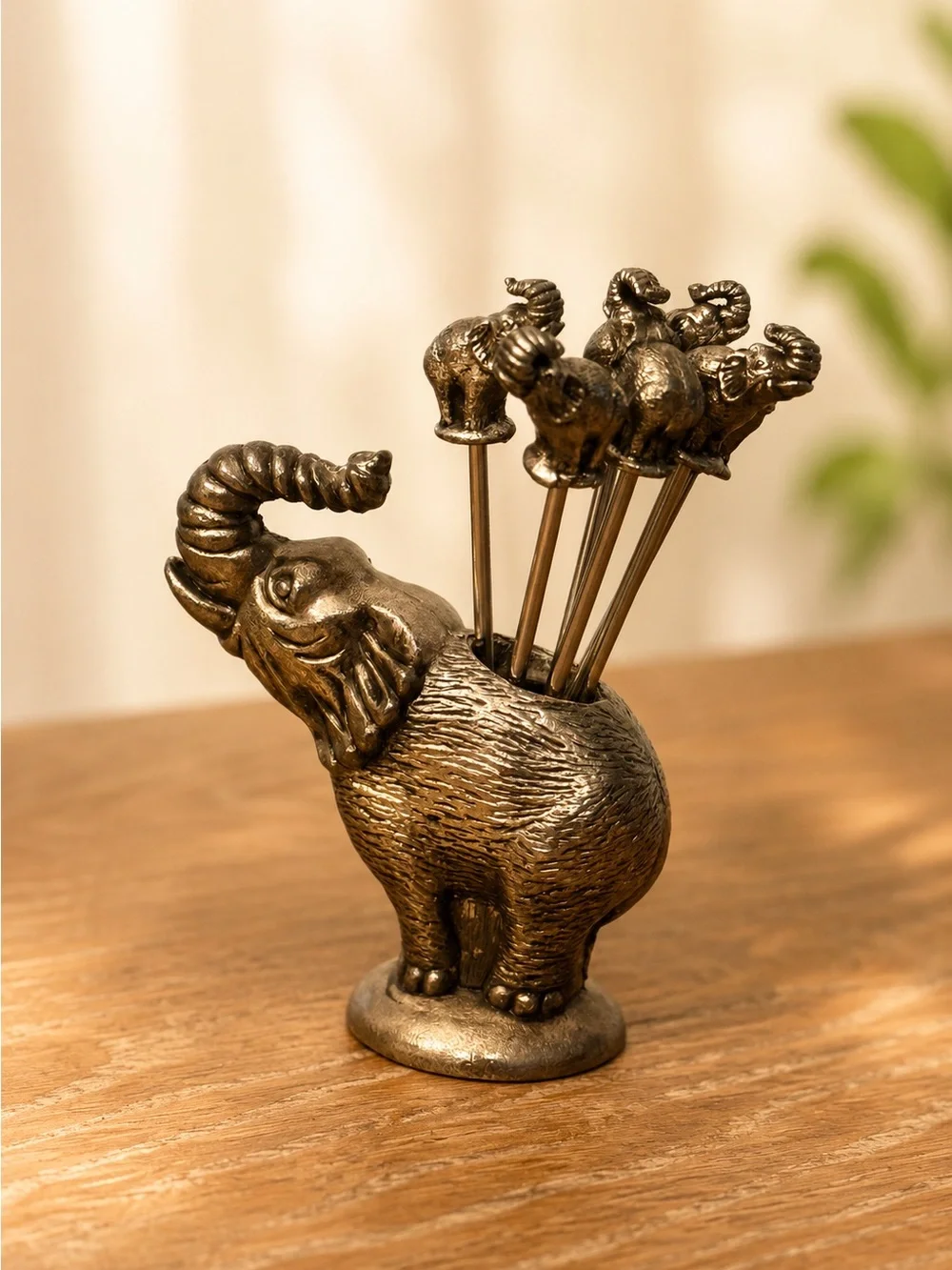 Antique Brass Elephant Olive Picks with Holder - Brown
